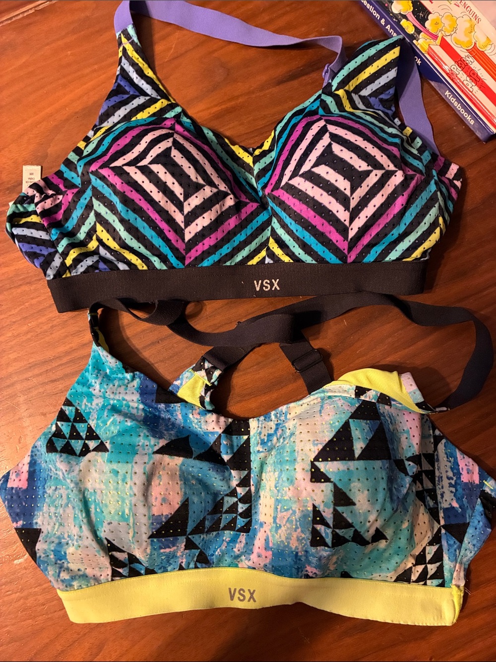 VSX Multicolor Geometric Sports Bra Duo in Purple, Teal, Yellow, Black